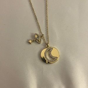 14k Gold Moon Pendant Necklace with Evil Eye Charm